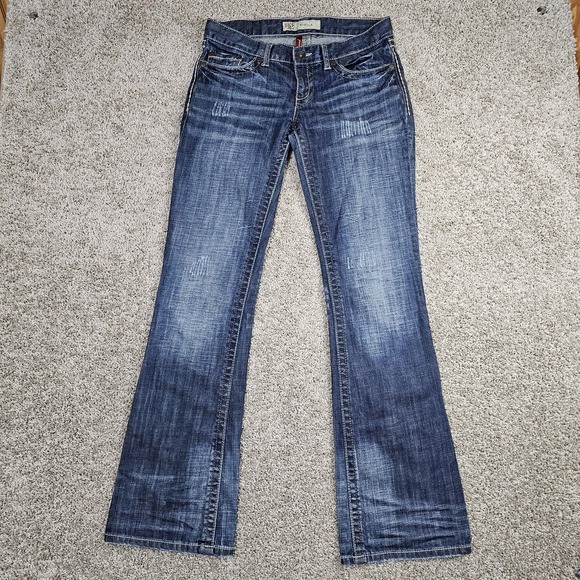 BKE Stella Jeans Womens 28 (31.5x33) Bootcut Low Rise Distressed Denim Faded - Picture 1 of 9